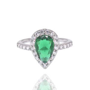 Lhr00399 Sterling Silver Tear Drop Green Teal Cz Ring