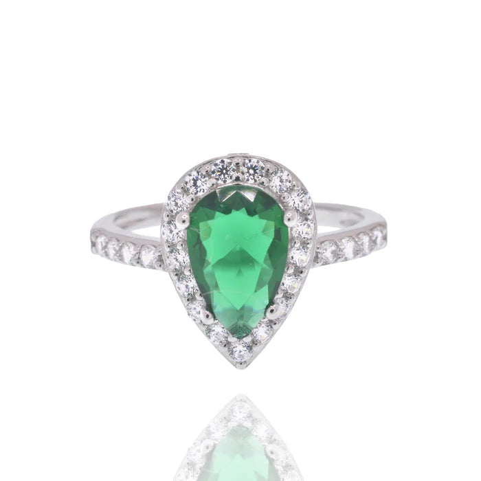 Lhr00399 Sterling Silver Tear Drop Green Teal Cz Ring