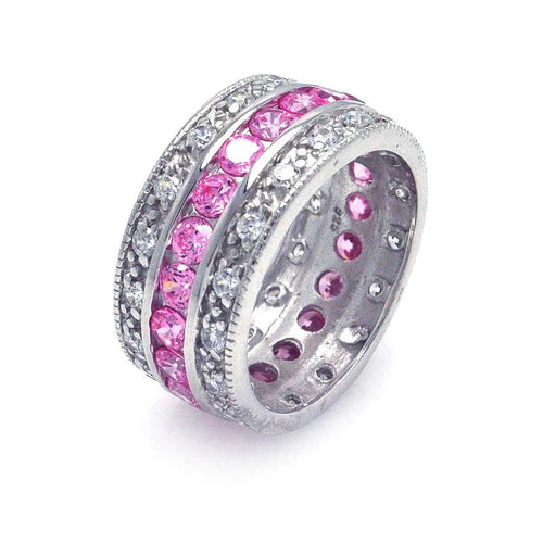 Lhr000508*  Sterling Silver Band Ring Cz Clear & Pink
