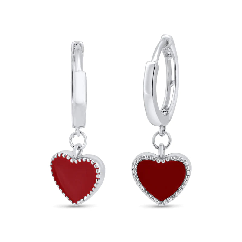 Lhe001439 Sterling Silver Earring Hoop Red Heart Enamel