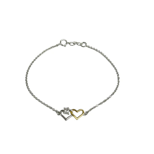 Lhb003869 Sterling Silver Bracelet Double Heart Gold Plated Cz Stone