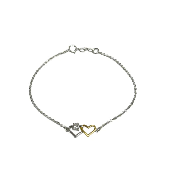 Lhb003869 Sterling Silver Bracelet Double Heart Gold Plated Cz Stone