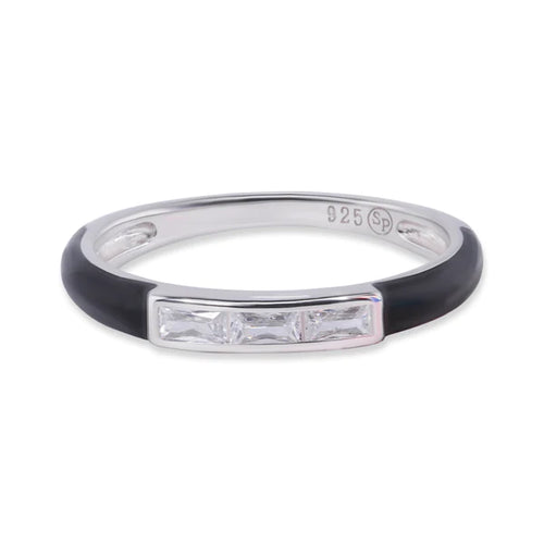 Lhr01373 Sterling Silver Ring Black Enamel & Cz Stones