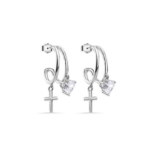 Lhe01384 Sterling Silver Cross & Heart Cz Half Hoop Earring