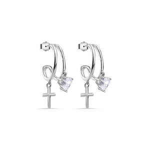 Lhe01384 Sterling Silver Cross & Heart Cz Half Hoop Earring