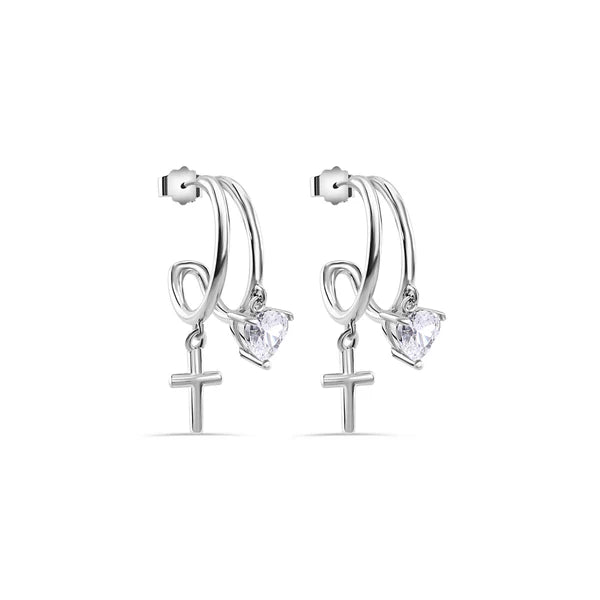 Lhe01384 Sterling Silver Cross & Heart Cz Half Hoop Earring