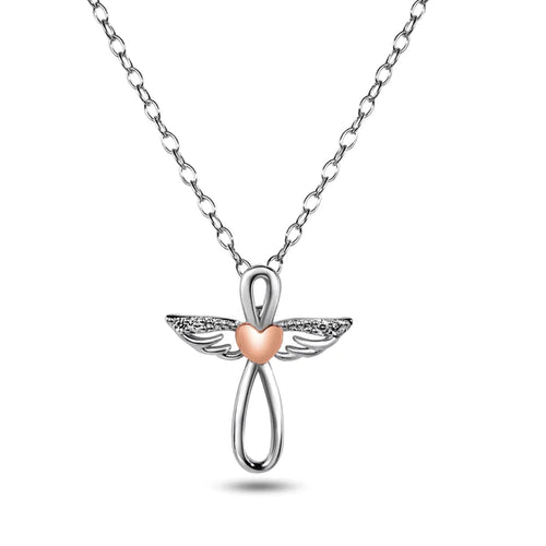 Lhp014819 *Sterling Silver Cross Angel Wings Cz  Heart Rose Gold
