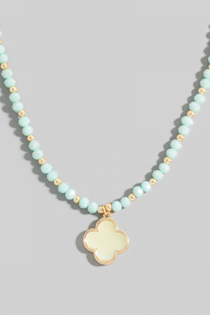 Lhn103049 Fashion Necklace White Clover Aqua Beads