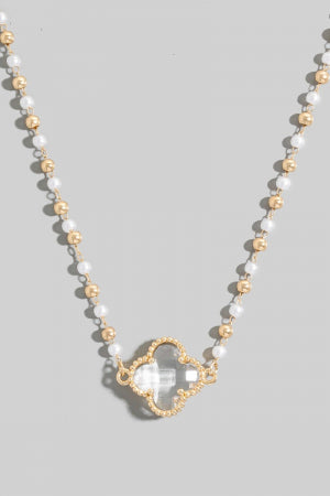 Lhn103289 Fashion Necklace Clover Clear Pearl Beaded Strand