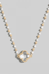 Lhn103289 Fashion Necklace Clover Clear Pearl Beaded Strand