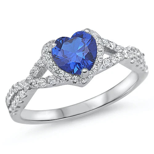 Lhr1051389 Sterling Silver Blue Cz Heart Ring Wave