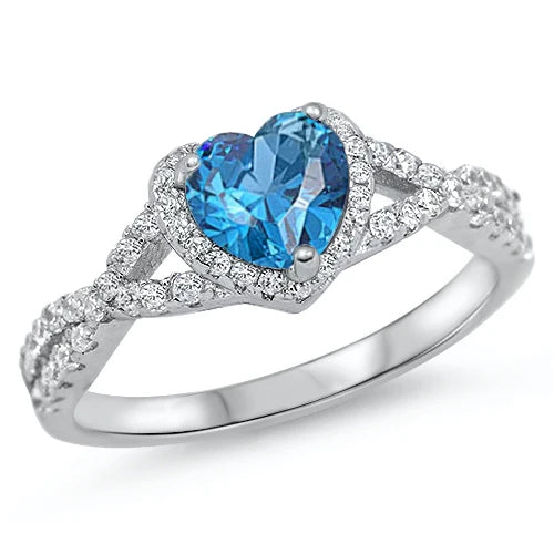 Lhr1051389 Sterling Silver Heart Blue Topaz Cz Ring Wave