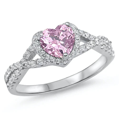Lhr1051389 Sterling Silver Pink Cz Heart Ring Wave