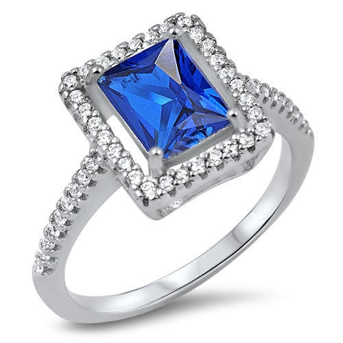 Lhr1056719 Sterling Silver Ring Sapphire Rectangle Cz Stones