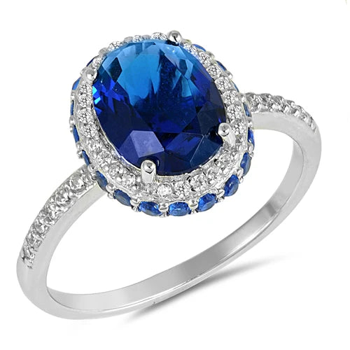 Lhr1064189 Sterling Silver Ring Blue Cz Oval Raised Crown