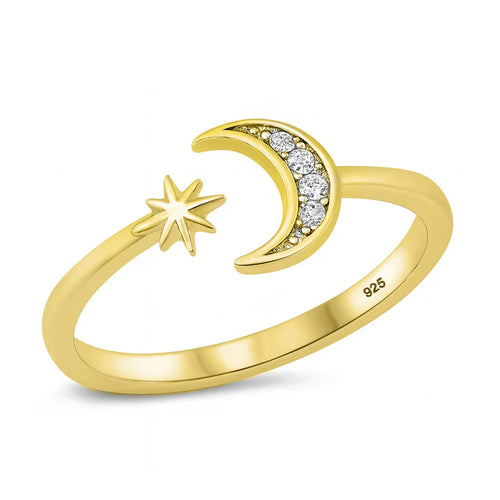Lhr1069769G Sterling Silver Star Moon Open Ring Gold Plated