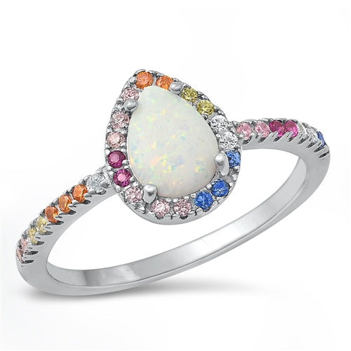 Lhr1072219 Sterling Silver Ring Lab Opal Tear Drop Multi Color Cz