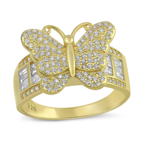 Lhr1074209 Sterling Silver Butterfly Ring Gold Plated Cz