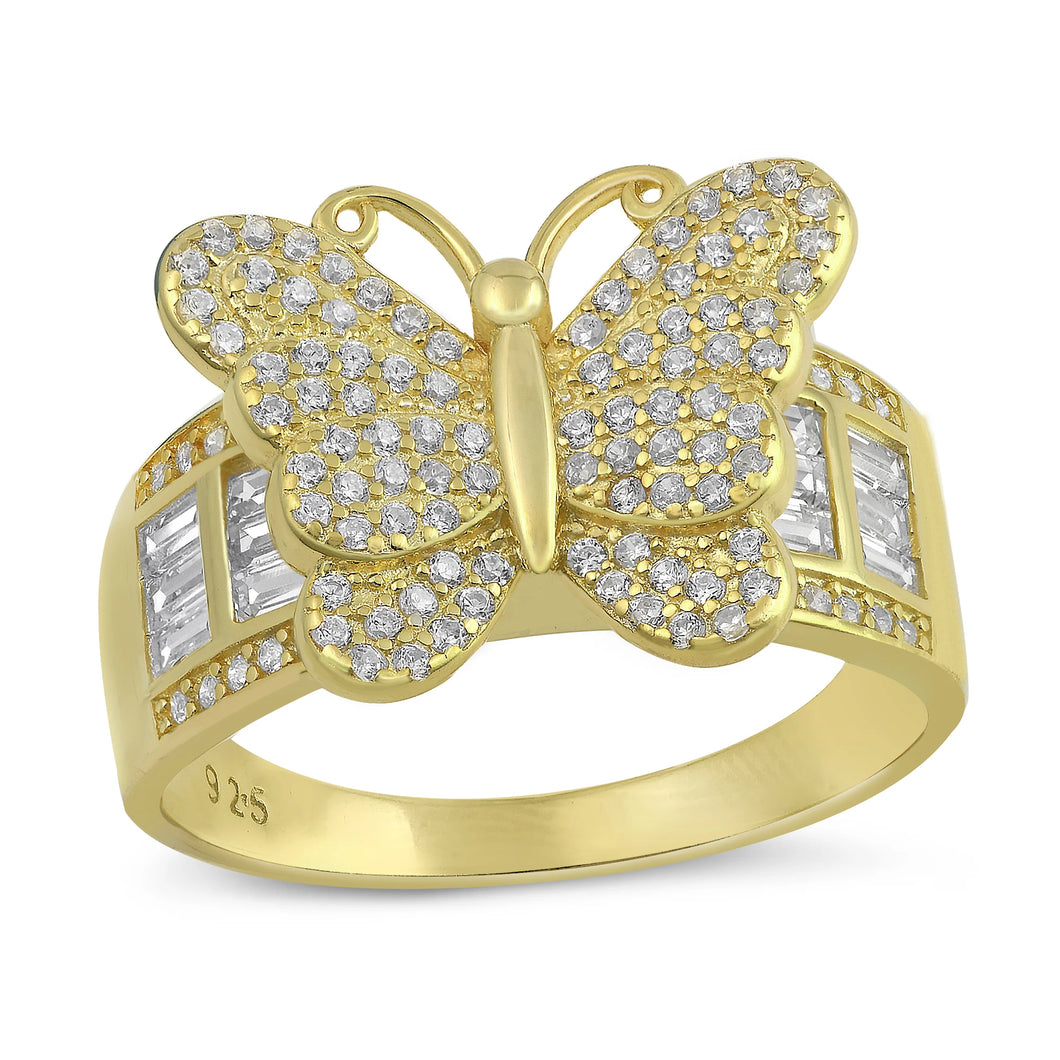 Lhr1074209 Sterling Silver Butterfly Ring Gold Plated Cz