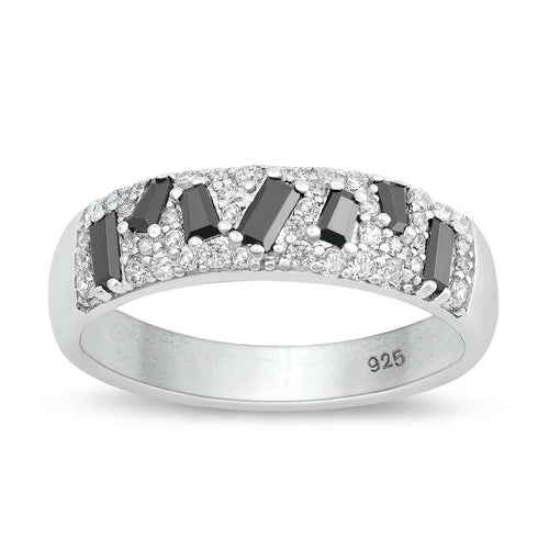 Lhr1074649 Sterling Silver Ring Black Cz Baguette & Pave Clear  Cz