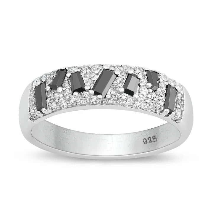 Lhr1074649 Sterling Silver Ring Black Cz Baguette & Pave Clear  Cz