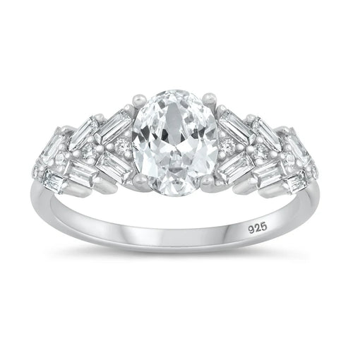 Lhr1074739 Sterling Silver Ring Oval Cz & Baguette Stones
