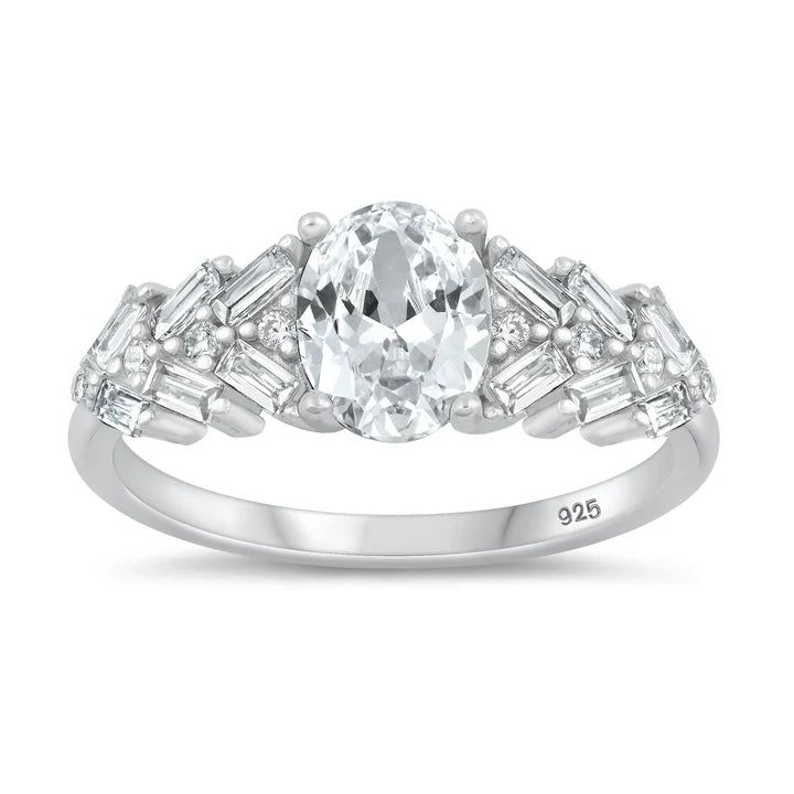 Lhr1074739 Sterling Silver Ring Oval Cz & Baguette Stones