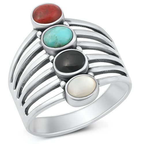 Lhr1309489 Sterling Silver Ring Wide Band Real Multi Color Stones
