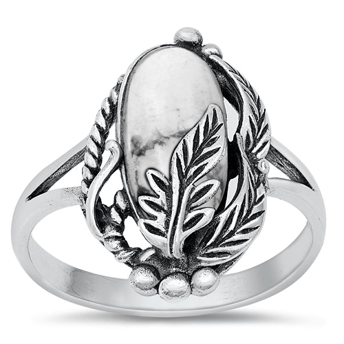 Lhr1310889 Sterling Silver Ring Leaf White Buffalo Turquoise Oval