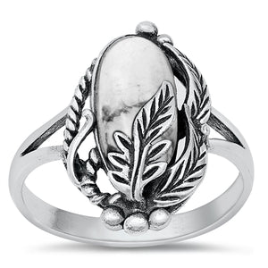 Lhr1310889 Sterling Silver Ring Leaf White Buffalo Turquoise Oval