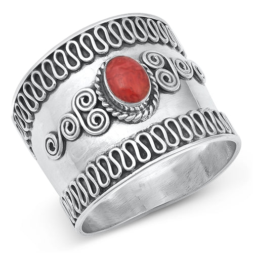 Lhr1315299 Sterling Silver Bali Wide Ring Real Coral Stone