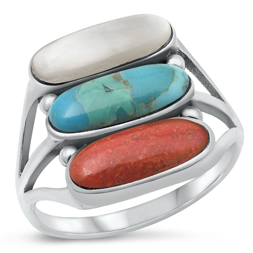 Lhr1316709 Sterling Silver Ring Blue Turquoise , Red Agate, White Agate Tri Color Real Stones
