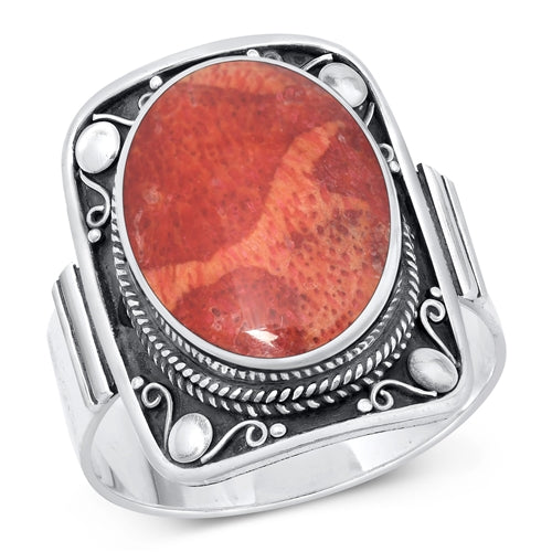 Lhr9131679 Sterling Silver Rectangle  Real Oval Red Coral Stone Ring