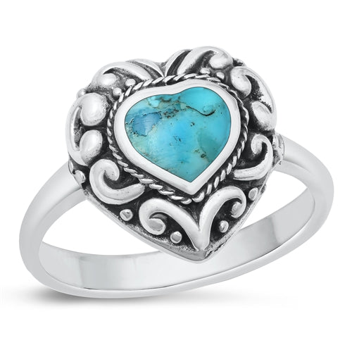 Lhr1316809 Sterling Silver Ring Heart Turquoise Stone Bali Style