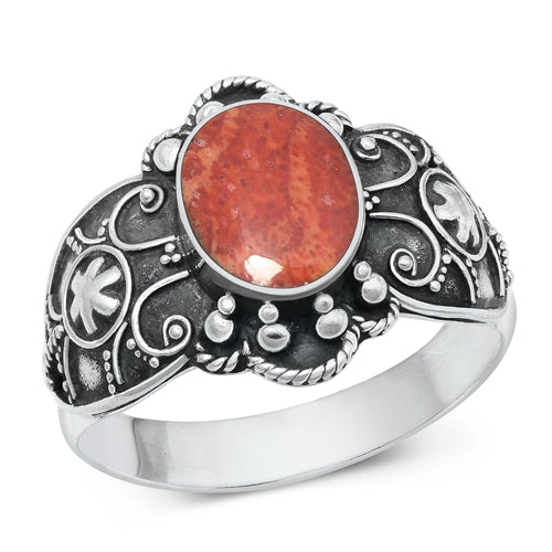 Lhr9131678 Sterling Silver Ring Real Red Coral Oval Design