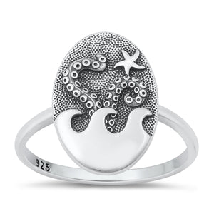 Lhr1451039 Sterling Silver Ring Aquatic Oval Octopus  Star Fish & Wave
