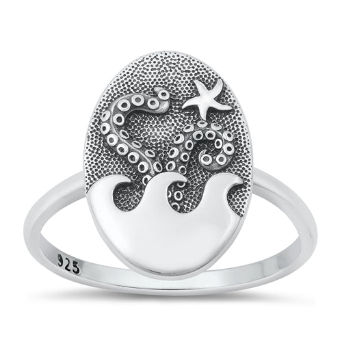 Lhr1451039 Sterling Silver Ring Aquatic Oval Octopus  Star Fish & Wave