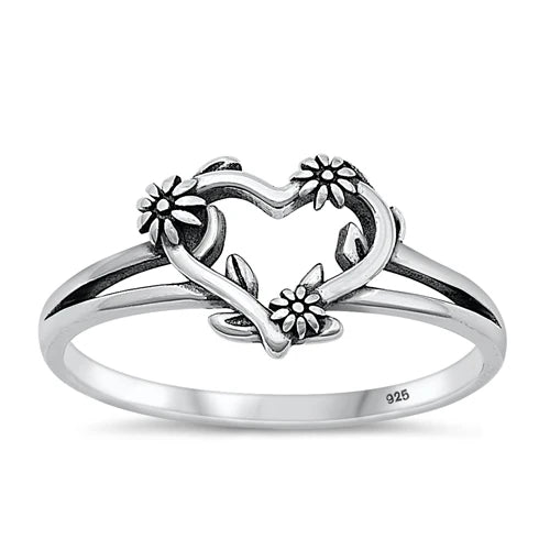 1Lhr1453489 Sterling Silver Heart Ring & Flowers
