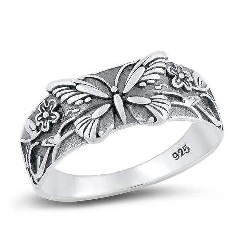 Lhr1454919 Sterling Silver Butterfly Ring & Flowers