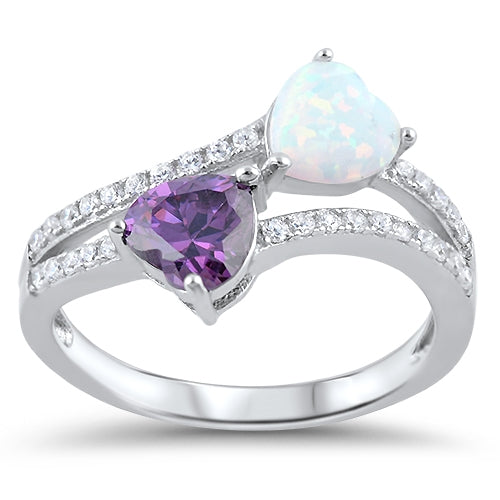 Lhr1504819 Sterling Silver Ring Lab Opal & Amethyst Hearts Cz