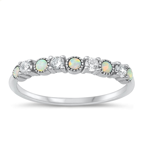 Lhr1509719White Opal  Sterling Silver Ring White Lab Opal and Cz Band