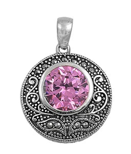 lHP3218019 Sterling Silver Round Marcasite Pendant Pink Cz Stone
