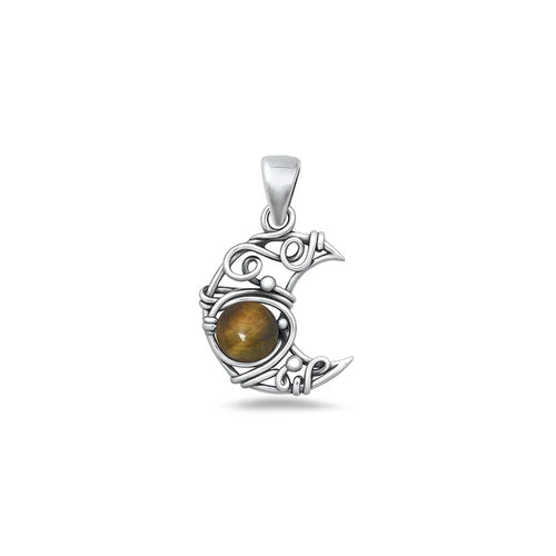 Lhp3385739 Sterling Silver  Real Stone Semi-Prescious Stone Crescent Moon Filagree Pendant Assorted Colors + Chain