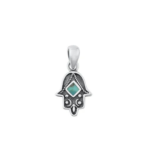 Lhp3388179 Sterling Silver Oxidized Hamsa Necklace Blue Stone + Chain