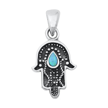 Lhp3510419 Sterling Silver Hamsa Necklace Lab Blue Opal Tear Drop 18
