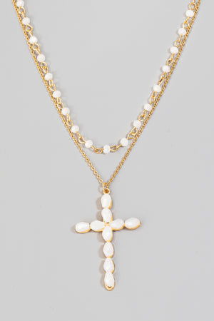 Lhn50169  Fashion Cross Necklace Pink & White Stones