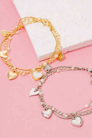 Lhb50869 Fashion Bracelet Heart Charms Mother of Pearl Silver or Gold