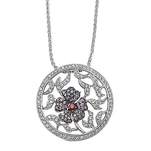 Lhn7106549 Sterling Silver Flower Cz Necklace Amethyst & Ruby Cz