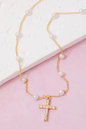 Lhn71019 Fashion Necklace Cross & Pearls