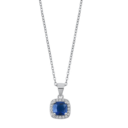 Lhn7109379 Sterling  Silver Necklace Sappphire Cz Square  18'' Chain